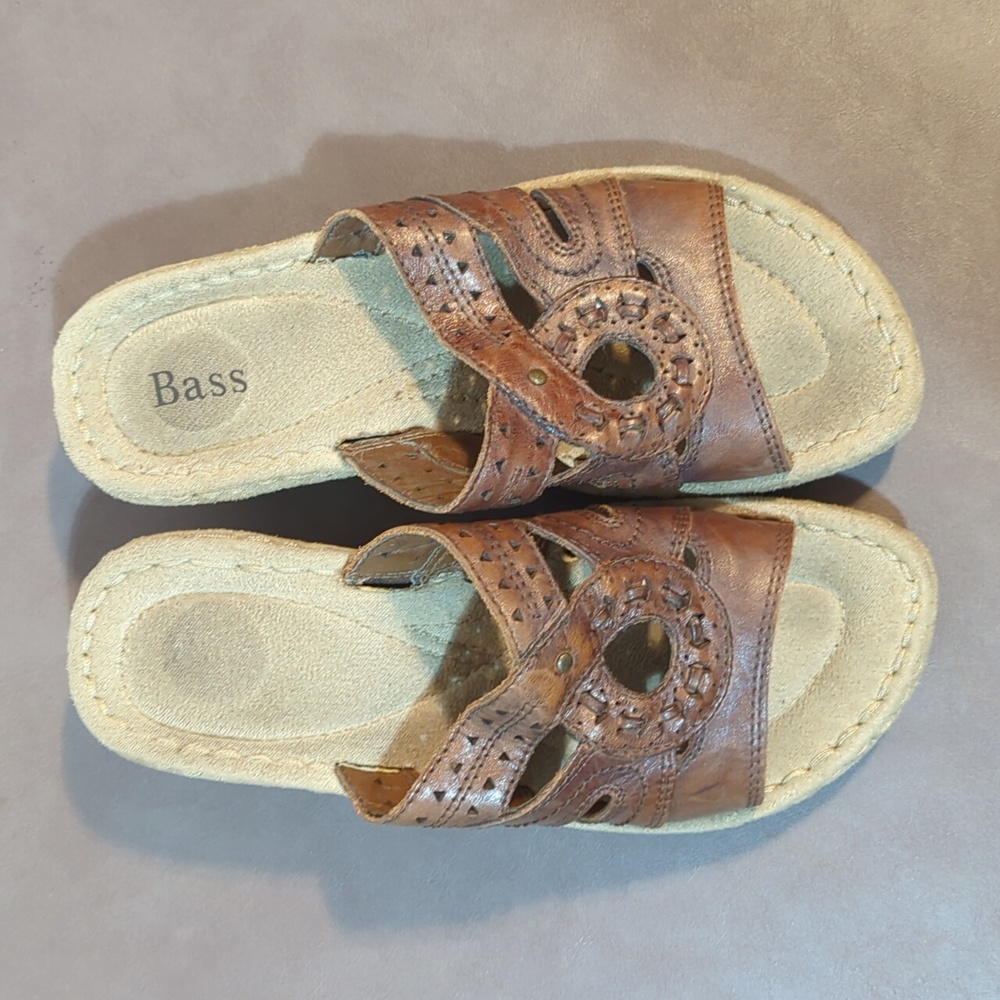 Bass Goldie Leather Wedge Sandal Womens 6M Brown Open Toe Slip on